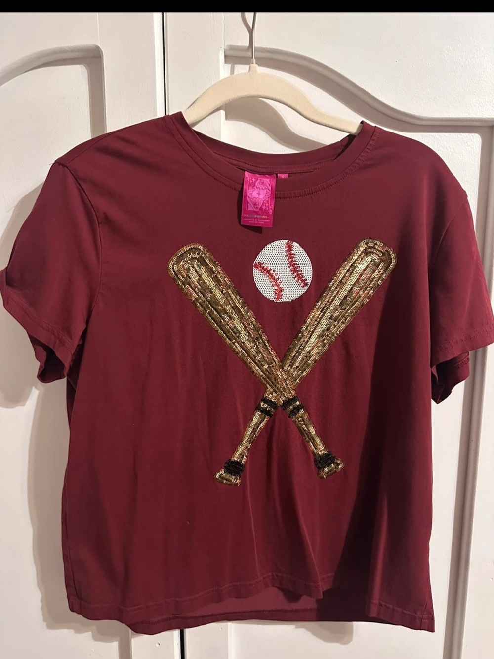 QUEEN OF SPARKLES Maroon Tee with Gold Sequin Bats